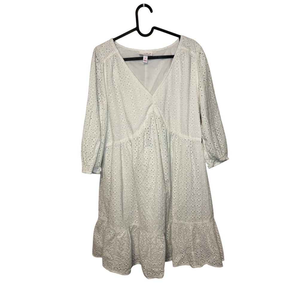 Ingrid & Isabel White Eyelet Dress V Neck 3/4 Sleeve Ruffle Hem Medium